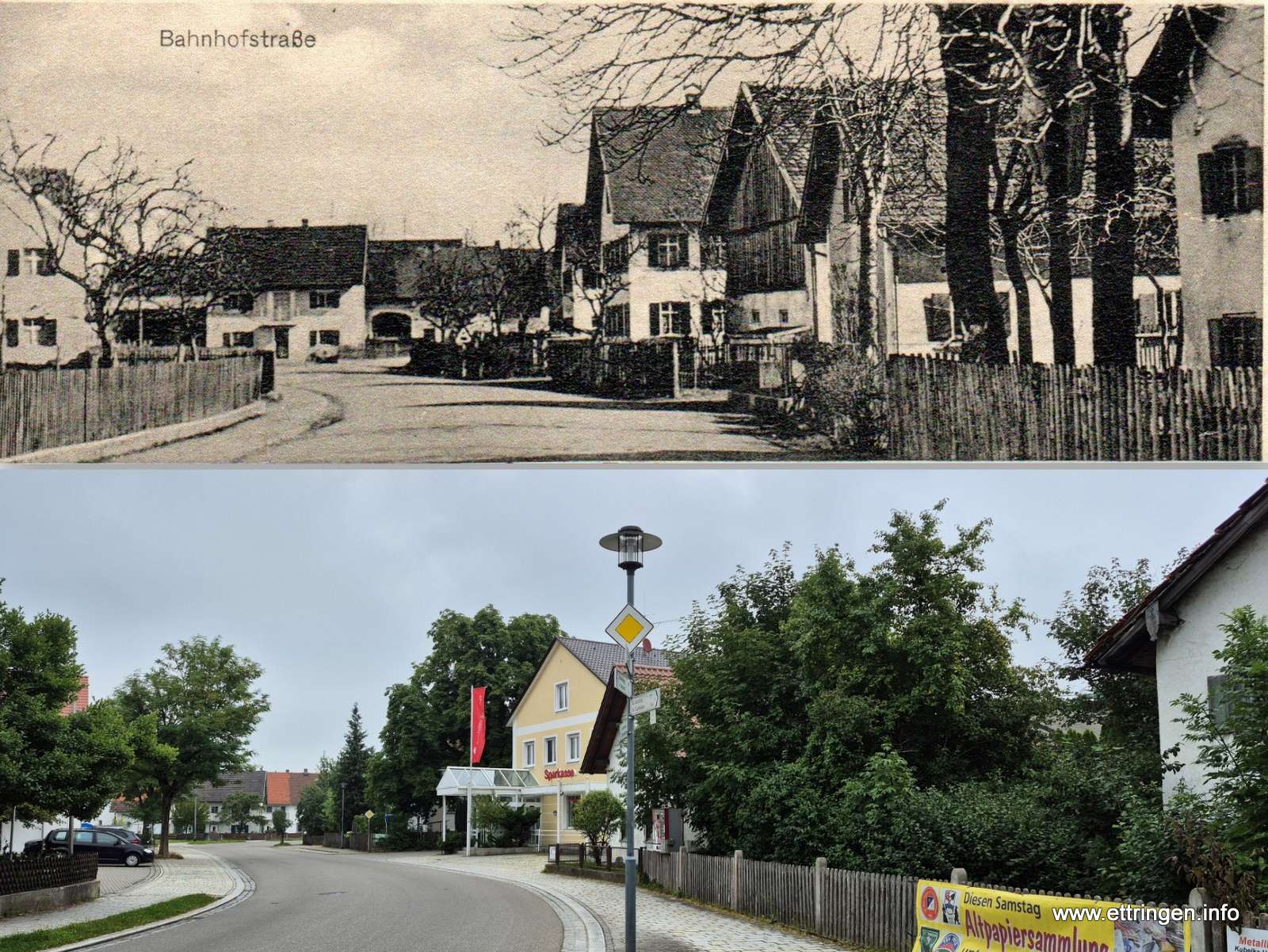 v.r.: Heiler, Henkel, Schwab (jetzt Sparkasse), Boxler. Haus Henkel war bis ca. 1920 oder 1930 ein Flachbau und wurde zwischen 1920 und 1930 neu angebaut, mit einem Stockwerk. Info: Arnold Schwab